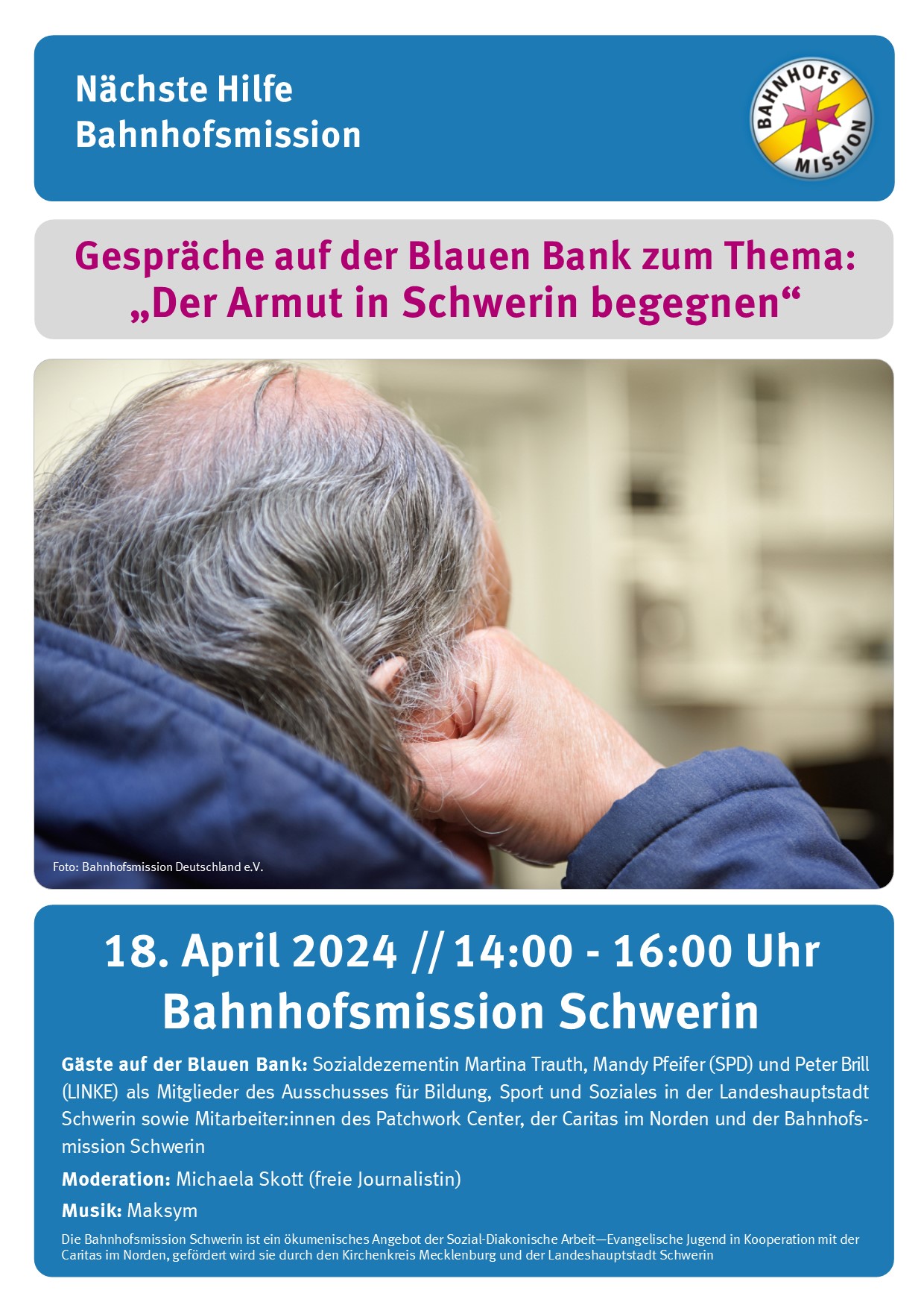 2024-04-18_Gespräch_blaueBank_Bekämpfung_v_Armut 2023-Plakat © Bahnhofsmission Schwerin