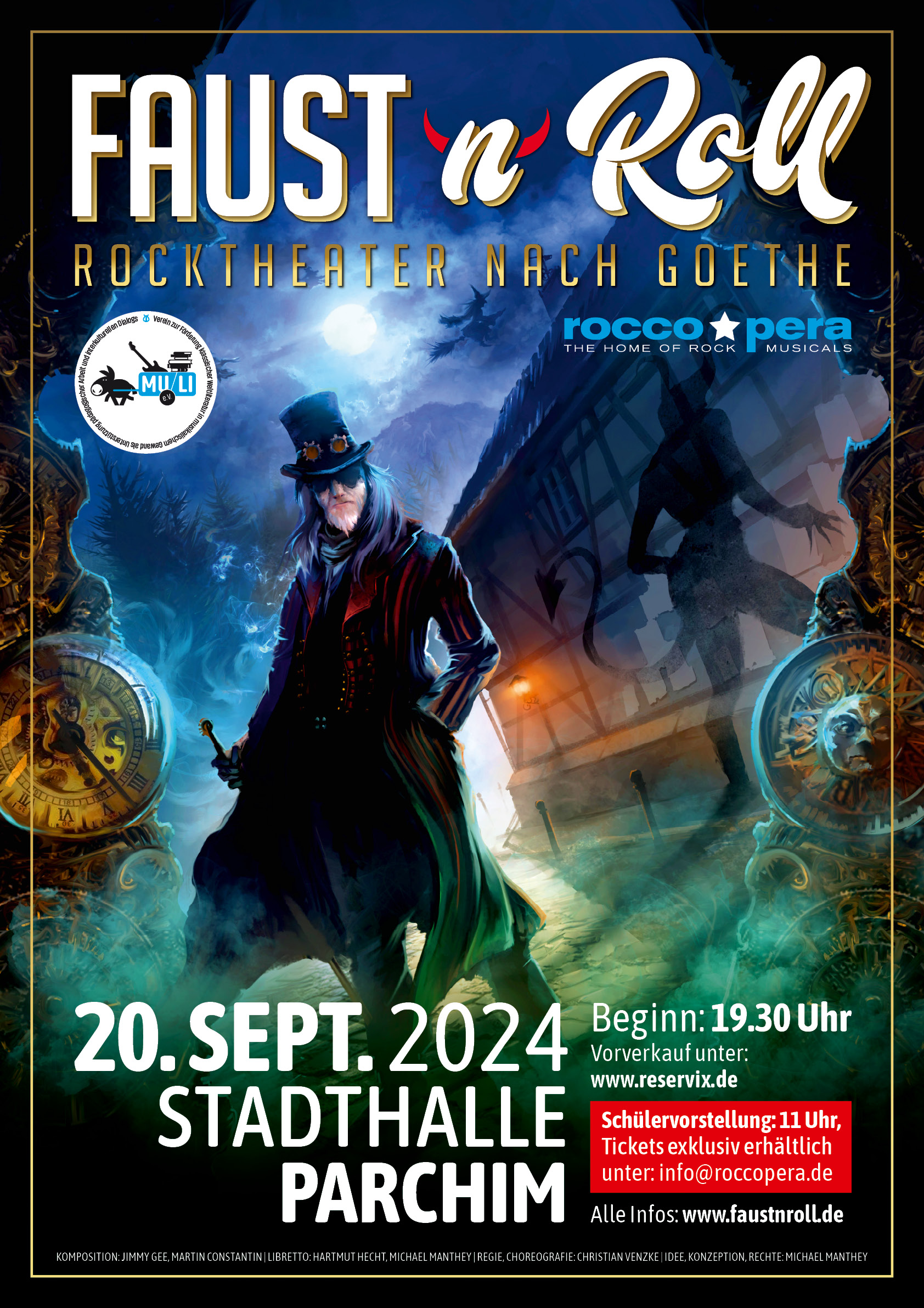 Schülervorstellung um 11Uhr am 20.09.2024. Tickets ausschließlich erhältlich bei info@roccopera.de. Für weitere Informationen und Eindrücke sowie Bilder und Videos zu Faust´n´Roll besuchen Sie unsere Website: www.faustnroll.de. © Michael Manthey